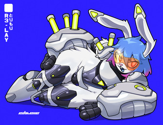 anthro armor bent_legs biped blue_background blue_hair blue_tongue buckteeth clothing codpiece cybernetic_arm cybernetic_leg cybernetic_limb cybernetics cyberpunk eyewear fluffy_hips fur glasses gloves goggles gradient_hair grey_inner_ear hair handwear knee_pads legwear leotard looking_at_viewer lying machine male male_anthro navel navel_outline on_side open_:3 open_mouth open_smile orange_eyes orange_eyewear orange_glasses purple_nose shoulder_armor simple_background smile solo teeth text thick_thighs thigh_highs tongue triangle_nose white_body white_ears white_fur white_text ishiexe r3-lay_(ishiexe) cyborg lagomorph leporid mammal rabbit 2025 artist_name character_name digital_media_(artwork) hi_res japanese_text shaded watermark