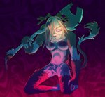 5_fingers abstract_background ambiguous_gender anthro antlers axe breasts chain featureless_breasts fingers fur glowing glowing_eyes grey_body grey_fur hair holding_axe holding_object horn kneeling long_hair looking_at_viewer notched_axe pink_eyes pubes solo tail tail_tuft tuft mousedrive ambiguous_species nonbinary_(lore)