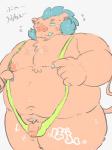 anthro belly bikini clothing genitals humanoid_hands male moobs nipples one-piece_swimsuit one_eye_closed overweight overweight_anthro overweight_male penis simple_background sling_bikini solo swimwear text two-piece_swimsuit underwear wink buta5kawa hamuga86 lifewonders tokyo_afterschool_summoners ganglie_(tas) mammal suid suine sus_(pig) wild_boar 2019 absurd_res hi_res japanese_text