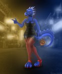 anthro breasts city clothing dress female footwear high_heels legwear night pose shoes solo stockings tail thigh_highs rahir mythology dragon mythological_creature mythological_scalie reptile scalie 5:6 digital_media_(artwork) hi_res