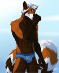 5_fingers abs anthro athletic black_nose blue_background blue_briefs blue_clothing blue_underwear blurred_background briefs brown_body brown_fur brown_skin bulge clothing colored_seam_underwear fingerpads fingers fur glowing glowing_eyes hair looking_aside looking_at_viewer male muscular muscular_anthro orange_body orange_eyes orange_fur orange_skin pawpads pink_pawpads simple_background smile smirk solo standing underwear white_body white_fur white_hair white_seam_underwear white_skin feralise jakemi ailurid mammal red_panda 2018 4:5