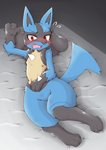 ambiguous_gender anthro bed_sheet bedding blue_body blue_fur blush bodily_fluids embarrassed fur lying red_eyes ruffled_fur solo sweat tears acky05 nintendo pokemon canid canine generation_4_pokemon lucario mammal pokemon_(species) 2020 hi_res