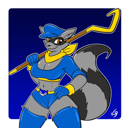 abs anthro bottomwear breasts cane clothing crossgender female fluffy fluffy_tail hat headgear headwear kerchief midriff mtf_crossgender shirt shorts simple_background solo tail tight_clothing tight_shirt tight_topwear topwear the_k9_empire vulpinecrew sly_cooper_(series) sony_corporation sony_interactive_entertainment sucker_punch_productions sly_cooper mammal procyonid raccoon absurd_res hi_res