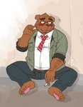 anthro blush bottomwear brown_body brown_fur clothing eyewear fur glasses kemono male necktie pants shirt sitting slightly_chubby solo topwear ryuta-h canid canine canis domestic_dog mammal 2015