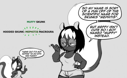 anthro bottomwear breasts clothing dialogue duo explanation female fur hair hair_over_eye hand_on_hip hand_on_own_hip narrowed_eyes profanity raised_tail shirt shorts smile speech_bubble tail tank_top teeth text topwear yotomoe muffy_(yotomoe) rori_(yotomoe) hooded_skunk mammal mephitid skunk character_name english_text monochrome species_name