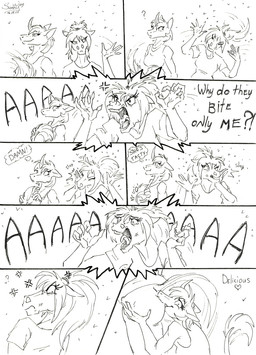 anthro butt chomp comic_panel dialogue duo equis_universe female humor nom screaming text sunny_way alirfesta_felastis sunny_way_(character) arthropod equid equine fly_(animal) horse insect ki'rinaes mammal mosquito comic english_text hi_res one_page_comic traditional_media_(artwork)