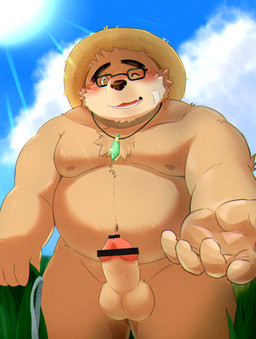 anthro balls belly blush bodily_fluids censor_bar clothing cloud erection eyewear genitals glasses hat headgear headwear humanoid_genitalia humanoid_hands humanoid_penis ineffective_censorship kemono male moobs navel nipples one_eye_closed outside overweight overweight_male penis solo straw_hat sun sweat wink zuboboz lifewonders tokyo_afterschool_summoners volos_(tas) bear mammal 2021 absurd_res censored hi_res