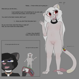 aged_down anthro black_body black_clothing black_collar black_fur black_hair black_jacket black_topwear blue_eyes bottle clothing collar container duo female fur genitals hair jacket male male/female red_eyes shirt topwear vulva wallet white_body white_clothing white_collar white_fur white_hair white_shirt white_topwear young rilium revince_(rilium) rivelle_(rilium) domestic_cat felid feline felis mammal 1:1 hi_res father_(lore) mother_(lore) mother_and_father_(lore) parent_(lore)