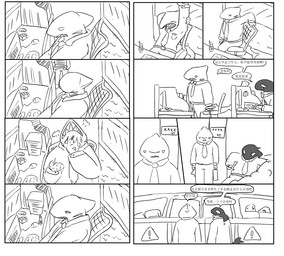 anthro beverage chair computer computer_mouse desk electronics energy_drink file_folder furniture male open_mouth paperwork plushie self-harm sign table text underground work_uniform yawn hhhur213 aquatic capybara caviid cetacean dolphin fish mammal oceanic_dolphin orca rodent shark toothed_whale comic translated