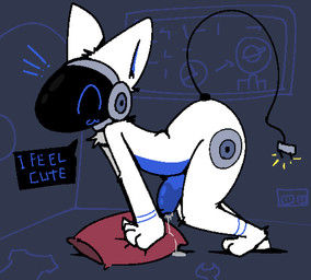 ^w^ anthro belly blue_belly bodily_fluids electrical_plug electricity erection exclamation_point foreskin genital_fluids genitals humanoid_genitalia humanoid_penis machine male outlet penis pillow precum solo text white_body silly_imp protogen hi_res