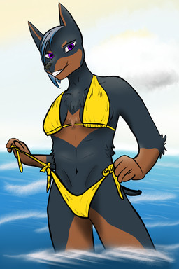 anthro beach bikini clothing female looking_at_viewer pose side-tie_bikini solo string_bikini swimwear two-piece_swimsuit otterwolfashe canid canine canis dobermann domestic_dog mammal pinscher digital_media_(artwork) hi_res pinup
