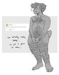 andromorph anthro beard body_hair covering covering_crotch ear_piercing facial_hair intersex mastectomy_scar nipples piercing scar solo standing text kyrosh curious_cat toshi_(kyrosh) english_text hi_res trans_(lore) trans_man_(lore)