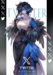 anthro black_body black_feathers black_hair blue_body blue_eyes blue_feathers breasts claws clothed clothing dress feathers female finger_claws hair looking_at_viewer simple_background solo tattoo text nonoka917 twitter x_(social_media) x_corporation tweetfur avian bird 2023 absurd_res english_text hi_res meme