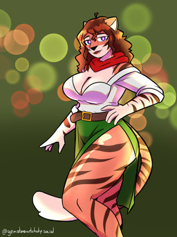 anthro belt belt_buckle breasts brown_hair buckle cleavage clothed clothing countershading dress female green_clothing green_dress hair off_shoulder purple_eyes red_scarf scarf slit_dress solo stripes thick_thighs gemstonearts tara_(kobiyashi7) felid mammal pantherine tiger 3:4 absurd_res hi_res