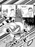 ^_^ angry anthro bee_stinger charmy_bee clothed clothing comic crossdressing dialogue english_text espio_the_chameleon eyelashes eyes_closed footwear gloves handwear high_heels human insult knife male mammal monochrome motion_lines open_mouth overweight overweight_male panties sega shocked shoes smile sonic_the_hedgehog_(series) teeth_showing text underwear vector_the_crocodile visor weapon wig yuski