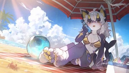 anthro ball blush bra breasts claws clothing feet female fur hair horn kemono open_mouth panties pawpads paws sitting solo tail toes umbrella underwear mag_inu aquatic fish hybrid mammal shark 16:9 2026 animated long_playtime no_sound video widescreen