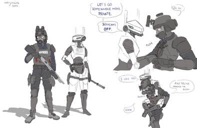 armor baton belt belt_buckle belt_pouch boots buckle carrying_another clothing dialogue duo female footwear gas_mask gloves gun handwear headgear helmet holding_object holding_partner holding_partner's_leg holding_weapon hug hugging_another hugging_from_behind knee_pads legs_around_partner looking_at_another looking_at_partner looking_away machine male male/female mask night_vision_goggles piggyback police pouch_(clothing) pushing ranged_weapon shell_(projectile) shoes shotgun shotgun_shell shoulder_pads standing text weapon warjenkins human humanoid mammal robot robot_humanoid 2025 absurd_res digital_media_(artwork) english_text hi_res signature