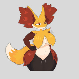 anthro big_breasts black_body black_fur breasts dipstick_tail female fur grey_background half-closed_eyes hand_on_hip markings narrowed_eyes navel red_body red_fur simple_background solo tail tail_markings thick_thighs under_boob white_body white_fur white_tail_tip wide_hips yellow_body yellow_fur salchikokokoko nintendo pokemon delphox generation_6_pokemon pokemon_(species) 1:1 hi_res