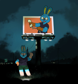 anthro billboard black_clothing black_eyes black_nose black_shirt black_topwear blue_body blue_ears blue_fur blue_tuft bottomwear clothed clothed_anthro clothed_male clothing cloud eyewear fur gesture glasses gloves_(marking) grass green_bottomwear green_clothing green_shorts hand_gesture hand_on_hip hand_on_own_hip head_tuft looking_at_viewer male male_anthro markings night open_mouth open_smile outside plant red_eyewear red_glasses red_hands red_markings round_glasses round_nose shirt shorts smile solo standing thumbs_up topwear tuft utility_pole wearing_glasses yellow_inner_ear qs75834 animal_crossing nintendo doc_(animal_crossing) lagomorph leporid mammal rabbit 2018 painting_(artwork)