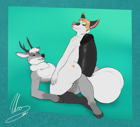 3_fingers 5_fingers anthro antlers big_penis black_nose black_penis butt dipstick_ears duo ear_markings eyebrows fingers freckled_butt freckled_face freckled_legs freckled_shoulders freckled_tail freckled_thighs freckles fur genitals gloves_(marking) green_background green_eyes grey_antlers grey_body grey_fur grey_hooves hair hooves horn huge_penis humanoid_genitalia humanoid_penis hyper hyper_genitalia hyper_penis inner_ear_fluff leg_markings male male/male markings multicolored_ears neck_tuft open_mouth penis pink_nose pink_tongue predator/prey simple_background socks_(marking) tail tan_eyebrows tan_eyes tan_hair tongue tuft white_body white_eyebrows white_fur white_hair white_inner_ear_fluff leloo reed_(sudsypup) canid canine canis deer mammal wolf hi_res