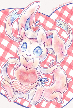 ambiguous_gender apron blue_eyes blush blush_lines bow_(anatomy) clothing eyelashes feral fur hat headgear headwear heart_background looking_at_viewer pattern_background paws pink_body pink_fur ribbons_(anatomy) simple_background sitting solo tail tongue tongue_out white_body white_fur remedy0308 nintendo pokemon eeveelution generation_6_pokemon pokemon_(species) sylveon 2024 hi_res signature