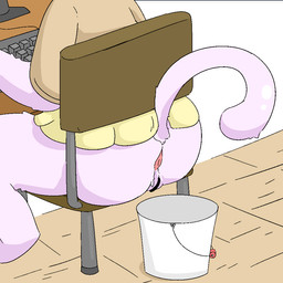 anthro anus bottomless brown_clothing bucket butt censor_bar censored_genitalia censored_vulva chair clothed clothing computer_keyboard computer_monitor container desk female fur furniture genitals implied_scat on_chair partially_clothed pink_body pink_fur pink_tail raised_tail rear_view simple_background sitting sitting_on_chair solo table tail vulva yellow_clothing toilet_paper_(pixiv) felid feline mammal 1:1 2026 censored digital_media_(artwork)