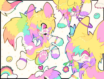 alternative_fashion ambiguous_gender chibi coontail_hair feral flower fur glamfur multicolored_body multicolored_fur multicolored_tail plant purple_body purple_fur rainbow rainbow_body rainbow_fur rainbow_tail scene_(fashion) scene_haircut smile solo sparklefur tail yellow_body yellow_fur fr34kpet canid mammal colorful_theme digital_drawing_(artwork) digital_media_(artwork) hi_res pastel_theme sketch_page