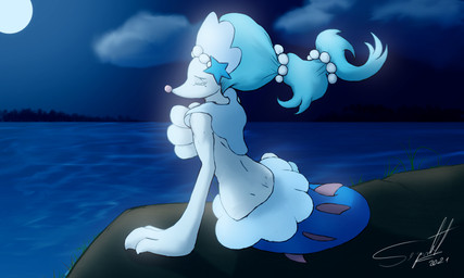 blue_hair eyes_closed female feral hair long_hair moon night sea shore solo water white_body sergiroth nintendo pokemon aria_(sergiroth) generation_7_pokemon mammal marine pinniped pokemon_(species) primarina 2021 5:3 digital_drawing_(artwork) digital_media_(artwork) hi_res watermark widescreen
