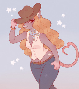 4_fingers anthro arm_tuft arms_bent bangle belt belt_buckle blonde_hair blue_ascot blue_background blue_bottomwear blue_clothing blue_pants blush blush_lines bottomwear breasts brown_bangle brown_belt brown_clothing brown_hat brown_headwear buckle button_(fastener) cleavage closed_smile clothed clothing cowboy_hat cowgirl_outfit ear_tuft elbow_tuft eyelashes eyelashes_through_hair eyelashes_through_hat female female_anthro fingers fur gesture grey_body grey_eyes grey_fur hair hand_on_hip hand_on_own_hip hat headgear headwear heart_(marking) heart_buckle heart_symbol inner_ear_fluff jewelry light long_hair markings medium_breasts midriff mouth_closed pants pink_nose pockets simple_background smile solo standing tail tail_gesture tail_heart text tipping_hat topwear translucent translucent_hair tuft vest wavy_hair white_clothing white_inner_ear_fluff white_markings white_topwear white_vest wide_hipped_anthro wide_hipped_female suzeart mammal mouse murid murine rodent 2025 artist_name colored digital_drawing_(artwork) digital_media_(artwork) english_description hi_res lighting portrait shaded three-quarter_portrait