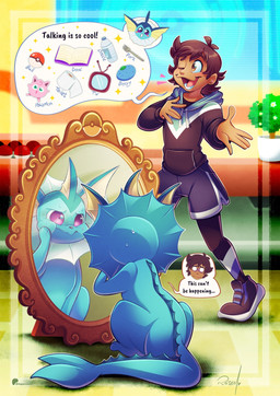 5_fingers ambiguous_gender blue_body blush bodily_fluids body_swap bottomwear brown_hair clothing dialogue duo feral fingers footwear hair hoodie inside looking_at_reflection male mirror open_mouth pants pink_eyes plant plant_pot potted_plant shocked shoes shorts sitting smile standing sweat tail text topwear vaporotem nintendo pokemon axel_(poke789) eeveelution generation_1_pokemon human mammal pokemon_(species) vaporeon digital_media_(artwork) english_text hi_res