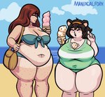 5_fingers beach bear_ears belly big_breasts biped blue_clothing blue_sky blue_swimwear blue_text blush blush_stickers breasts brown_ears brown_hair cleavage clothed clothing cloud collarbone cowlick day deep_navel dessert duo eyes_always_closed eyes_closed female fingers food freckled_arms freckled_belly freckled_breasts freckled_legs freckled_neck freckled_shoulders freckled_thighs freckles green_clothing green_swimwear hair holding_food holding_ice_cream holding_object ice_cream ice_cream_cone ice_cream_on_breasts larger_female larger_human long_hair mature_female mature_human mature_humanoid medium_hair navel navel_outline obese obese_female obese_human obese_humanoid one-piece_swimsuit open_mouth overweight overweight_female overweight_human overweight_humanoid pink_inner_ear purse round_ears sand sea size_difference sky smaller_female smaller_humanoid spilled_ice_cream standing swimwear tan_freckles tan_purse text thick_thighs two-piece_swimsuit water maniacalfork helen_(maniacalfork) mimi_(fourofour) animal_humanoid bear human humanoid mammal mammal_humanoid ursid_humanoid 2019 artist_name colored digital_drawing_(artwork) digital_media_(artwork) english_description hi_res