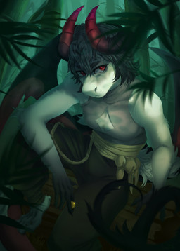 anthro bamboo bamboo_forest claws forest horn male plant red_eyes solo_focus tail tree wings lontik mythology dragon equid equine horse mammal mythological_creature mythological_scalie pony scalie green original_character absurd_res hi_res