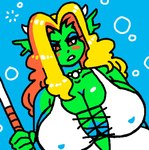 2023 2_horns 5_fingers big_breasts blonde_hair blue_background blue_eyeshadow blush breasts bubble cleavage clothed clothing collarbone digital_drawing_(artwork) digital_media_(artwork) dress european_mythology eyeshadow female fin fingers gem gorgon greek_mythology green_body green_skin hair half-length_portrait head_fin holding_object horn humanoid jewelry looking_at_viewer makeup mythology necklace nipple_outline not_furry oekaki orange_blush orange_eyes pearl_(gem) pearl_necklace portrait simple_background solo underwater water white_clothing white_dress white_horn woot