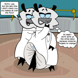 anthro clean_diaper clone clothed clothing coat diaper diaper_check doll_and_lee_(spy_fox) duo embarrassed eyewear female fur glasses lab_coat text topwear wearing_diaper f4phantomwildweasel humongous_entertainment spy_fox_(series) bovid caprine mammal sheep digital_drawing_(artwork) digital_media_(artwork) english_text hi_res