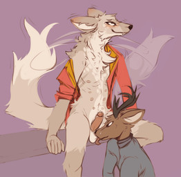 anthro antlers ball_lick balls bent_leg bodily_fluids chest_tuft clothed clothing countershading cum cum_drip cute_fangs dripping duo ears_back fangs fluffy fluffy_tail genital_fluids genitals half-closed_eyes horn humanoid_genitalia humanoid_penis jacket licking looking_at_genitalia looking_at_penis male male/male multi_nipple narrowed_eyes nipples open_clothing open_jacket open_topwear oral penis pivoted_ears sex sitting spread_legs spreading tail tail_motion tailwag teeth tongue tongue_out topwear tuft lawyerdog canid canine deer mammal