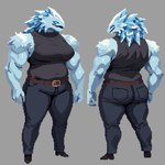 belt belt_buckle biceps big_breasts blue_body blue_eyes bottomwear breasts brown_belt buckle butt clothed clothed_female clothing denim denim_bottomwear denim_clothing female footwear front_view grey_background grey_clothing grey_shirt grey_tank_top grey_topwear ice jeans muscular muscular_female navel_outline pants rear_view shirt shoes simple_background sleeveless_shirt solo standing tank_top topwear cloakofwit elemental_creature ice_creature mineral_fauna 2025 digital_media_(artwork) full-length_portrait model_sheet pixel_(artwork) portrait