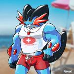 2018 amphibian anthro anthrofied barazoku beach bulge clothed clothing detailed_background digital_media_(artwork) fully_clothed generation_6_pokemon lifeguard male mega_evolution mega_swampert muscular muscular_anthro muscular_male nintendo outside pecs pokemon pokemon_(species) pokemorph sand sea seaside shirt sky solo standing swimwear tank_top text text_on_clothing text_on_shirt text_on_tank_top text_on_topwear topwear voviat water wet whistle_(object)