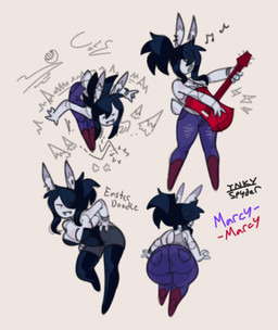 axe_guitar bangs bent_over black_hair boots bottomwear bracelet breasts bunny_costume butt cleavage clothed clothing costume denim denim_bottomwear denim_clothing ear_piercing electric_guitar eye_through_hair female footwear guitar hair hand_on_hip jeans jewelry jumping leotard musical_instrument musical_note musical_symbol pants piercing plant playing_guitar playing_music plucked_string_instrument rabbit_ears rear_view shoes singing solo string_instrument symbol tail translucent translucent_hair tree inkyspyder adventure_time cartoon_network marceline_abadeer animal_humanoid humanoid lagomorph lagomorph_humanoid leporid_humanoid mammal mammal_humanoid rabbit_humanoid vampire colored_sketch hi_res sketch