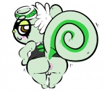 anthro bottomless butt clothed clothing female fur genitals green_body green_fur pose pussy simple_background solo white_background neetboss_(artist) animal_crossing nintendo viche_(animal_crossing) mammal pinup