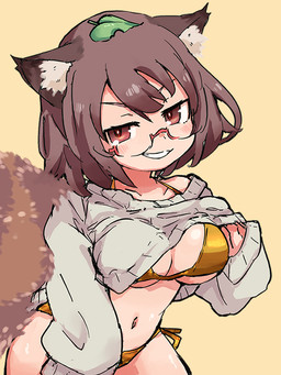 bikini bikini_under_clothing blush breasts brown_hair brown_tail clothed clothing clothing_lift eyewear female glasses gold_bikini grey_clothing grey_sweater grey_topwear hair inner_ear_fluff leaf leaf_on_head looking_at_viewer pince-nez red_eyes simple_background smile smiling_at_viewer solo sweater sweater_lift swimwear swimwear_under_clothing tail tanuki_leaf topwear tuft two-piece_swimsuit wearing_glasses yoshiyuki_(14330975) touhou mamizou_futatsuiwa animal_humanoid canid canid_humanoid canine canine_humanoid humanoid mammal mammal_humanoid tanuki_humanoid 3:4 hi_res