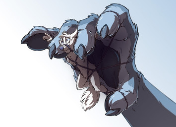 ambiguous_gender anthro bdsm biped bondage bound duo extreme_size_difference fur holding_character larger_ambiguous male micro micro_abuse micro_in_hand muzzle_(object) restraints rope rope_bondage rope_harness rope_muzzle size_difference smaller_male white_body white_fur tirrel canid canine mammal