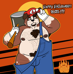 anthro balls barely_visible_balls barely_visible_genitalia biped black_nose brown_body clothing cosplay costume genitals gloves halloween_costume hammer handwear hat headgear headwear holidays male moobs nipples overweight overweight_male solo standing text tools grolarbearsins halloween mario_bros nintendo mario canid canine canis domestic_dog mammal 2025 english_text hi_res