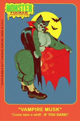 anthro arm_hair barely_visible_bulge bat_ears bat_nose biceps big_butt big_muscles big_nipples big_pecs black_cape black_clothing black_footwear black_hair black_shoes black_text blue_background bodily_fluids body_hair border bulge butt butt_hair cape cheek_tuft chest_hair claws clothing copyright_symbol countershade_torso countershading darkened_inner_ear date deltoids dotted_background ellipsis exclamation_point facial_markings facial_tuft fangs featureless_nipples feral fingerless_(marking) footwear garter_belt garter_belt_socks garter_straps glistening glistening_eyes green_body green_text grin hair head_markings head_tilt male manly markings mask_(marking) mature_male mischievous_smile moon mostly_nude multicolored_cape multicolored_clothing muscular muscular_male musk musk_cloud nipples no_irises no_pupils orange_border pastiche pattern_background pecs pointillism quotation_marks red_cape red_clothing red_text sharp_teeth shoe_buckles shoes side_view simple_background simplified smile socks solo standing sweat sweaty_arms sweaty_butt sweaty_chest sweaty_face sweaty_legs symbol teeth text thick_thighs trading_card tuft two_tone_cape two_tone_clothing unsigned white_clothing white_footwear white_socks yellow_border yellow_eyes mezcal_(artist) bat mammal vampire 2025 digital_media_(artwork) english_text full-length_portrait hi_res portrait story story_in_description