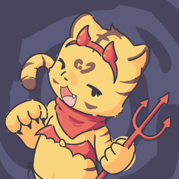 anthro claws dot_eyes horn kerchief male melee_weapon polearm simple_eyes smile solo trident weapon yellow_body young young_male rayartowo felid mammal pantherine tiger 1:1 hi_res