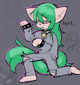 anthro arm_warmers armwear bell bell_collar big_ears bottomwear bracelet clothing collar denim denim_bottomwear denim_clothing dialogue feet female fluffy fluffy_ears fluffy_tail footwear green_hair green_tail hair jeans jewelry kneeling long_hair pants paws pose shirt simple_background socks solo spiked_bracelet spikes stirrup_legwear stirrup_socks tail text topwear torn_bottomwear torn_clothing torn_pants marpystar strawby_(marpystar) domestic_cat felid feline felis mammal hi_res trans_(lore)