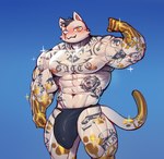 anthro arm_tattoo belly_tattoo big_bulge big_penis bulge chest_tattoo clothing erect_nipples flexing flexing_muscles genitals leg_tattoo looking_at_viewer male muscular muscular_anthro muscular_male neck_tattoo nipple_piercing nipples penis piercing solo tail tattoo thong tight_clothing underwear cydonia_xia epic_games fortnite meowdas domestic_cat felid feline felis mammal absurd_res hi_res