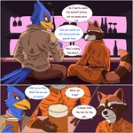 alcohol anthro bar beak beer beverage blue_body blue_feathers border brown_body brown_fur butt clothed clothing dialogue duo feathers fur male male/male open_mouth simple_background smile speech_bubble tail text white_border overunder guardians_of_the_galaxy marvel nintendo star_fox falco_lombardi rocket_raccoon avian bird mammal procyonid raccoon 1:1 comic english_text hi_res