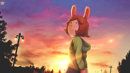 anthro blind blush clothed clothing cloud disability female hands_behind_back hoodie lamp lens_flare outside plant solo star sun sunset topwear tree young young_anthro young_female bzeh arthur_(series) marina_datillo lagomorph leporid mammal rabbit 2022 hi_res signature