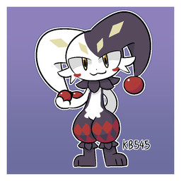:3 ambiguous_gender anthro jester markings simple_background solo white_body yellow_eyes yellow_markings kb545 palworld pocketpair dupin_(pal) mammal pal_(species) cel_shading shaded