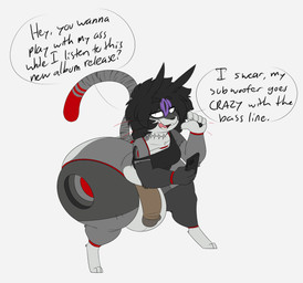 5_fingers anthro balls black_hair breasts clothing dialogue digitigrade electronics fingers genitals gynomorph hair highlights_(coloring) holding_object holding_phone intersex looking_at_viewer machine open_mouth penis phone purple_highlights shirt simple_background smile solo standing tail text thick_thighs topwear whiskers robertge jason_markova domestic_cat felid feline felis mammal robot digital_media_(artwork) english_text